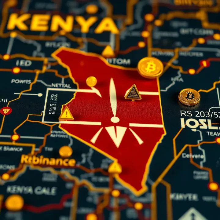 Graphic depicting Kenya's map with cryptocurrency symbols and regulatory icons