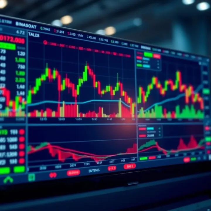 Illustration of a digital trading platform interface showing binary options charts and statistics