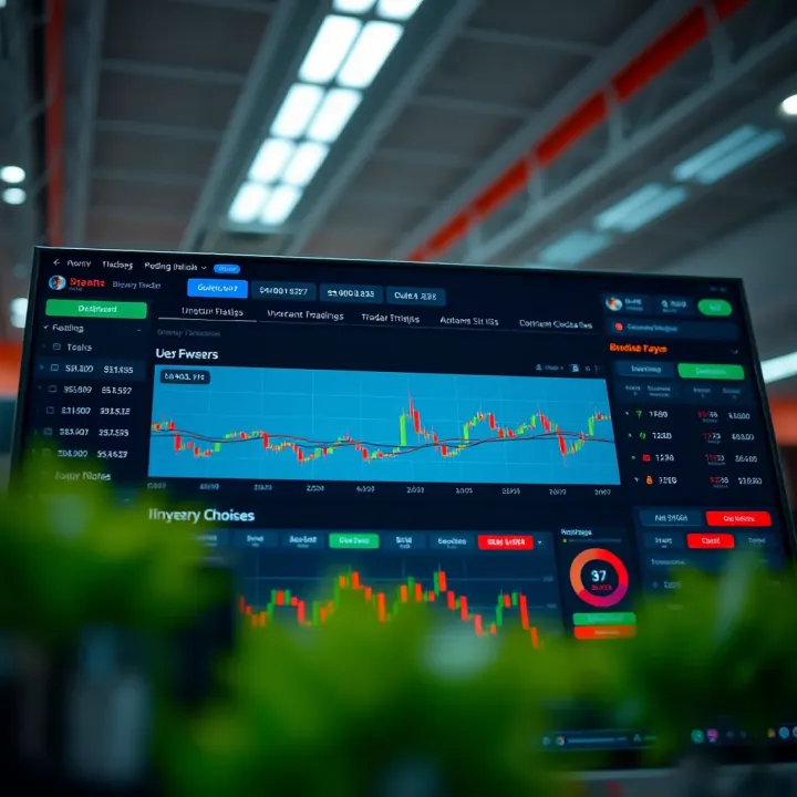 Overview of Key Features on a Binary Trading Platform Dashboard interface of a binary trading platform highlighting investment choices and risk indicators