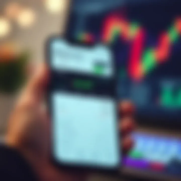 Mobile screen displaying the Binary.com app dashboard with trading options and charts