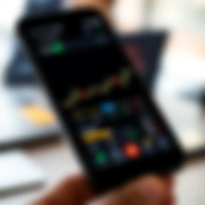 Mobile phone displaying a trading app interface with stock charts and trading options