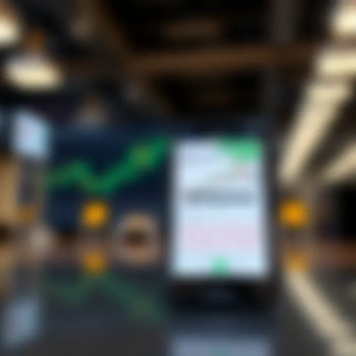 Mobile phone displaying a trading app interface with charts and financial data