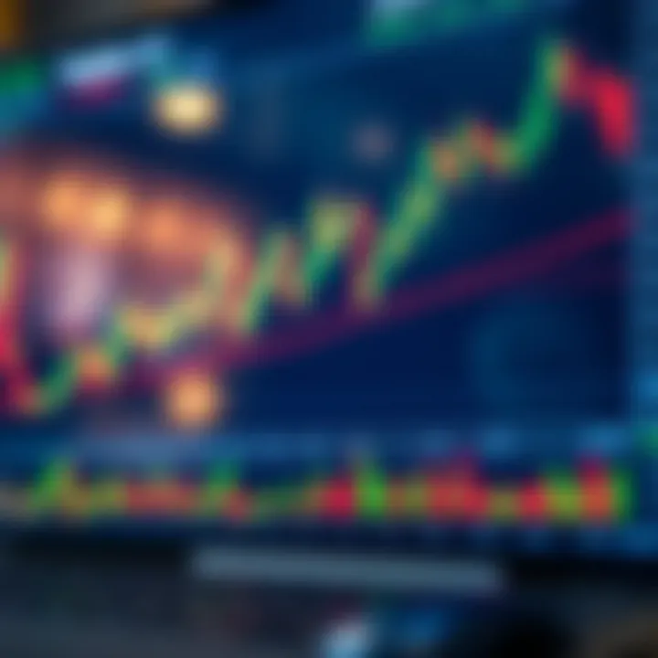 Trading strategy overview with candlestick charts and technical indicators highlighting market trends