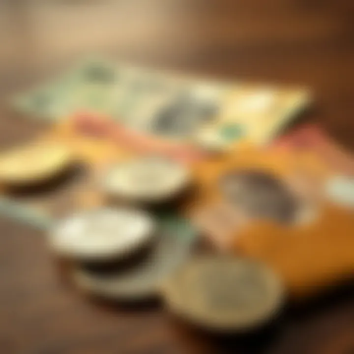 Close-up of various Kenyan shilling coins and banknotes arranged on a wooden surface