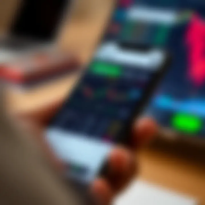 Mobile phone displaying the Deriv app interface with trading charts and options