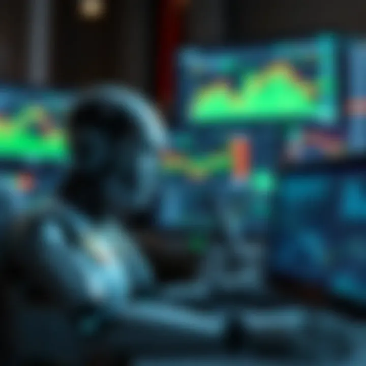 Visual representation of trading bots analyzing market data on multiple screens