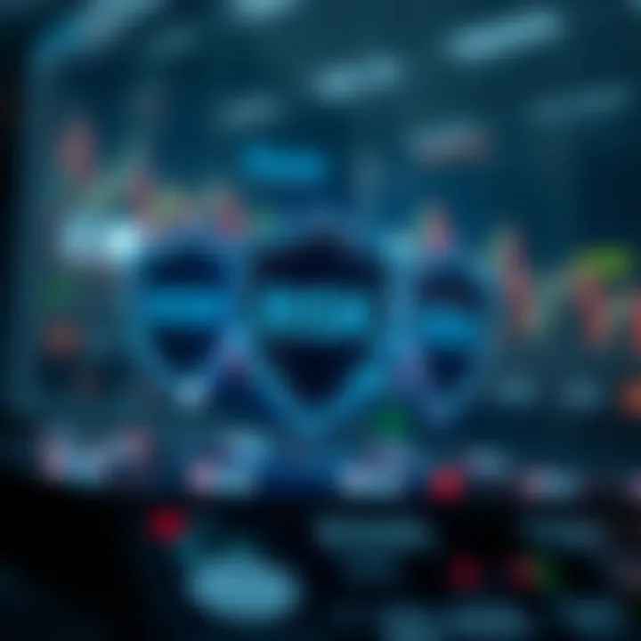 Illustration of risk management concepts with protective shields and financial graphs