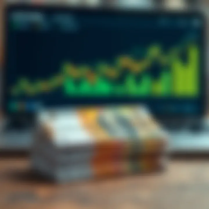 Stack of Kenyan shilling notes with laptop and financial charts depicting business growth
