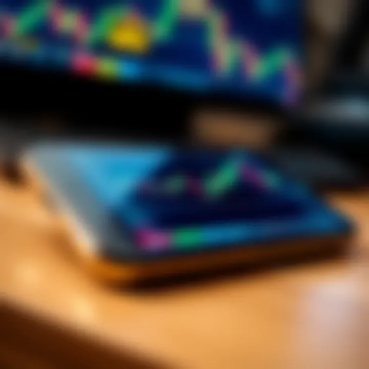 Mobile phone displaying a forex trading platform interface with charts and currency pairs