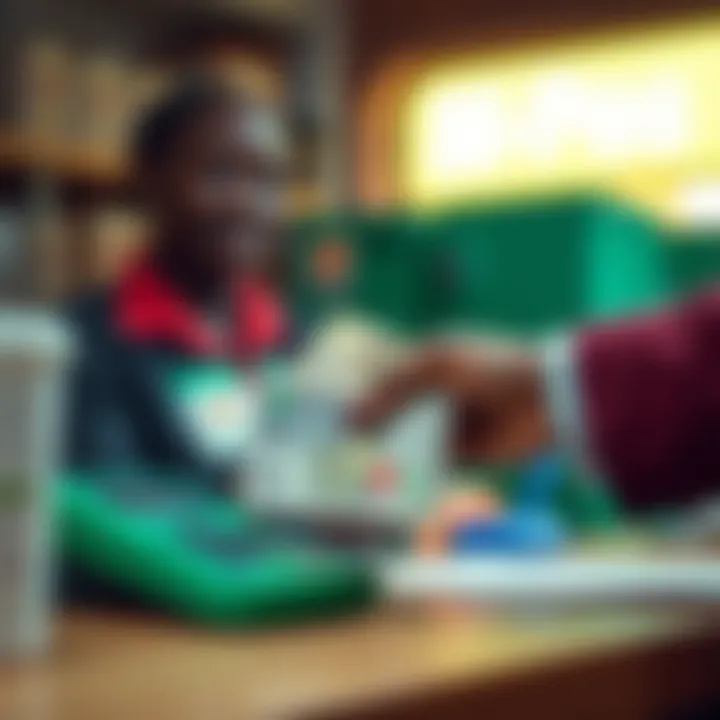 Cash being handed over at a local M-Pesa agent counter with a payment receipt