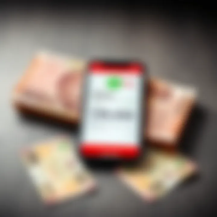 M-Pesa Withdrawal Confirmation with Kenyan Currency Mobile phone displaying M-Pesa withdrawal confirmation on screen with Kenyan currency notes beside it