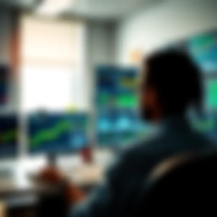 Forex Trading Workspace with Market Analytics Modern office workspace with multiple monitors displaying forex trading charts and data