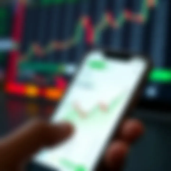 Graph of stock and cryptocurrency trends displayed on smartphone with M-Pesa logo