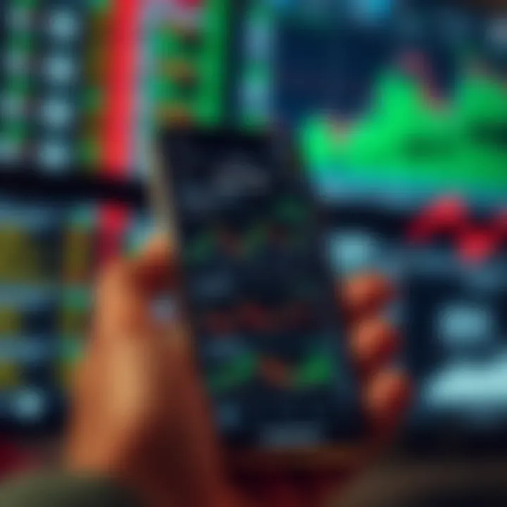 Smartphone screen displaying various trading app interfaces including graphs for stocks, forex, and cryptocurrencies