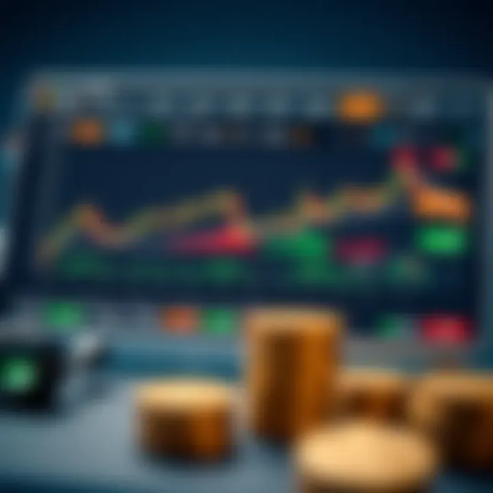 A digital trading platform showing a demo account dashboard with charts and virtual currency balance