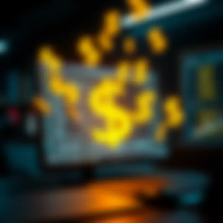 Digital interface showing a virtual currency generator concept with dollar signs emerging from a computer screen