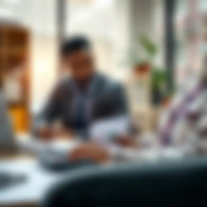 A business owner reviewing financial documents with a laptop and calculator on the desk in an office setting