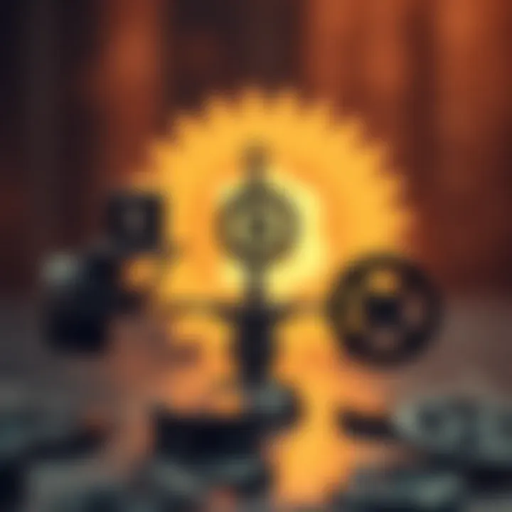 Conceptual representation of risk and reward balancing in forex trading with gears and financial icons