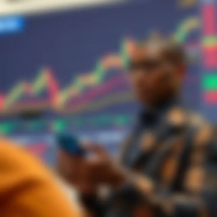 Kenyan trader analyzing forex signals on a smartphone with currency charts in background