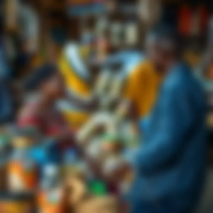 Small business owners interacting in a vibrant local market with various goods displayed