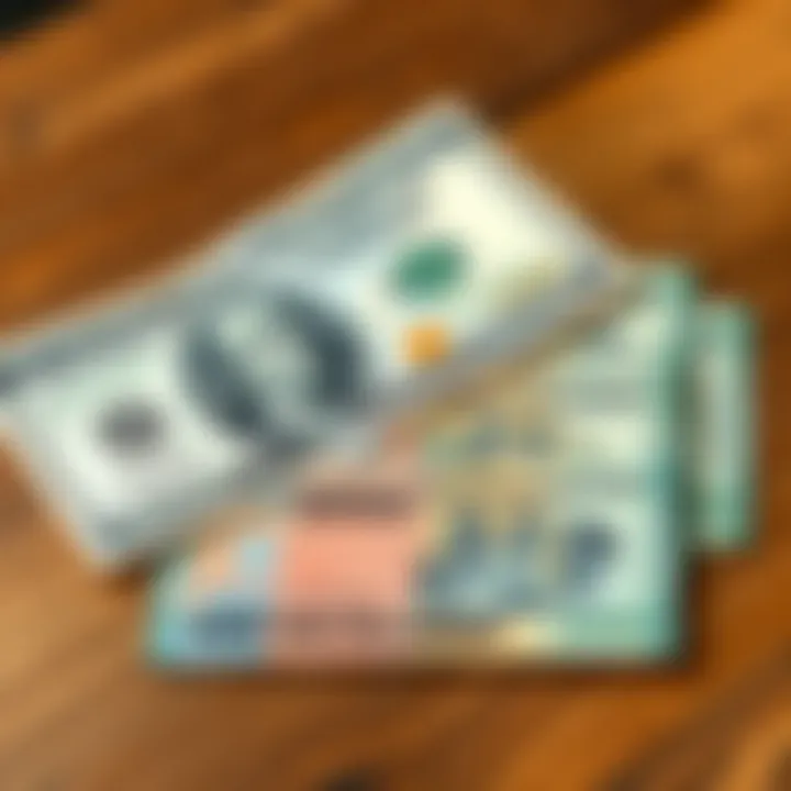 Close-up of United States dollar bills beside Kenyan shilling notes on a wooden table