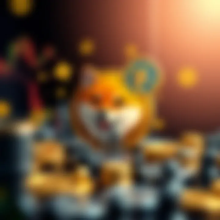 Illustration of Shiba Inu coin surrounded by crypto market symbols and community icons