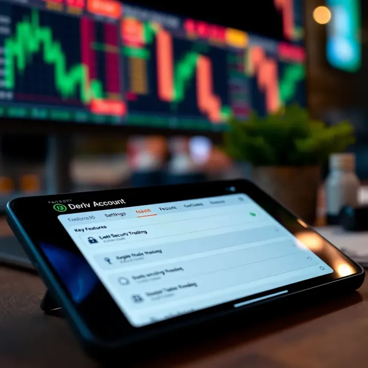 Illustration of a mobile device displaying key features and security settings of a Deriv trading account