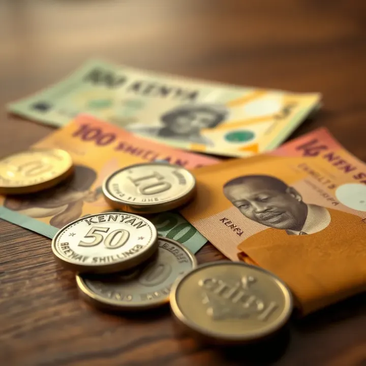 Close-up of various Kenyan shilling coins and banknotes arranged on a wooden surface