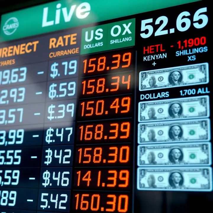 Currency exchange board showing current rates between US dollars and Kenyan shillings