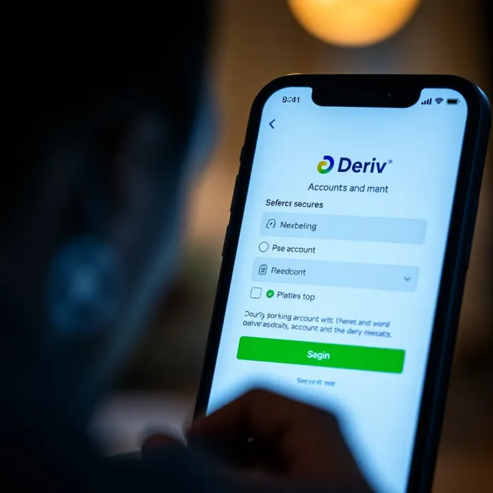 User setting up account on Deriv app with secure login options shown on smartphone screen