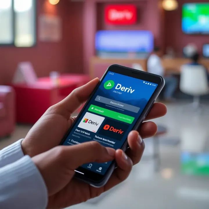 Android smartphone displaying Deriv app download interface from Google Play Store in Kenya