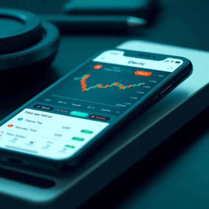 Mobile phone displaying the Deriv app interface with charts and trading options visible