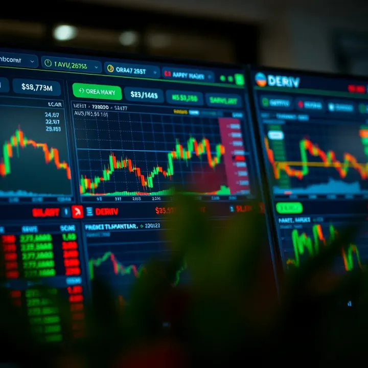 User interface of Deriv trading platform showing diverse financial instruments and market charts