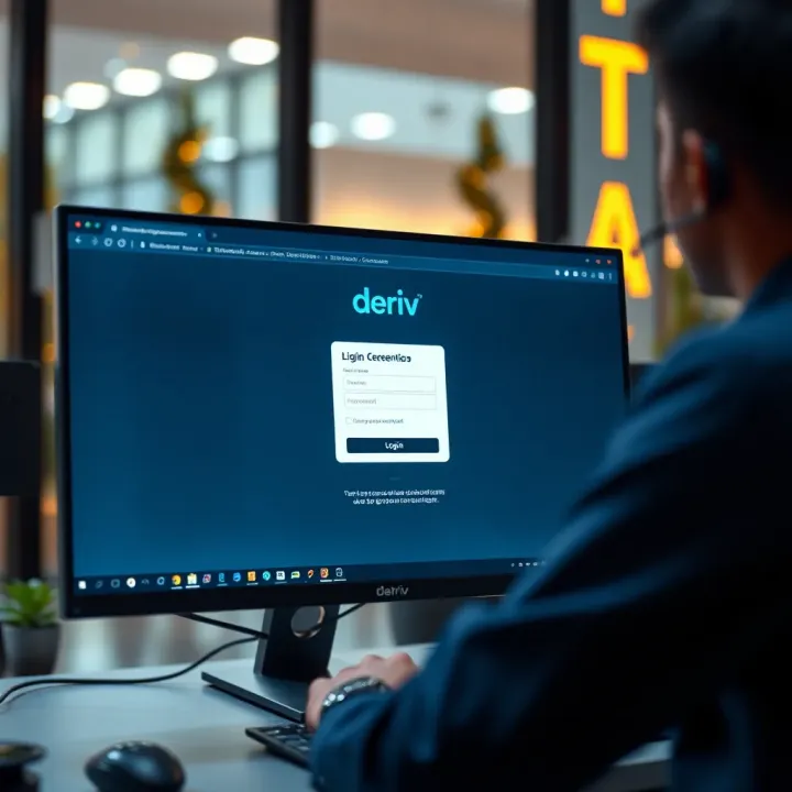 User entering login credentials on Deriv platform interface on a desktop computer