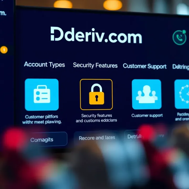 Deriv.com Account Types, Security Measures, and Customer Support Visual representation of Deriv.com account types alongside icons for security features and customer support