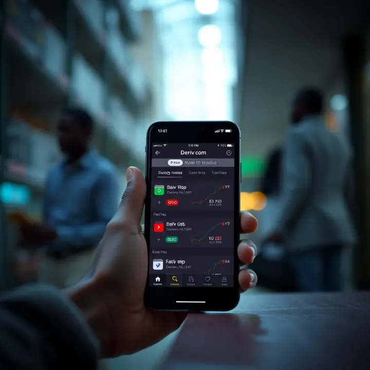 Mobile phone displaying the Deriv.com app interface showing various financial trading options for Kenyan users