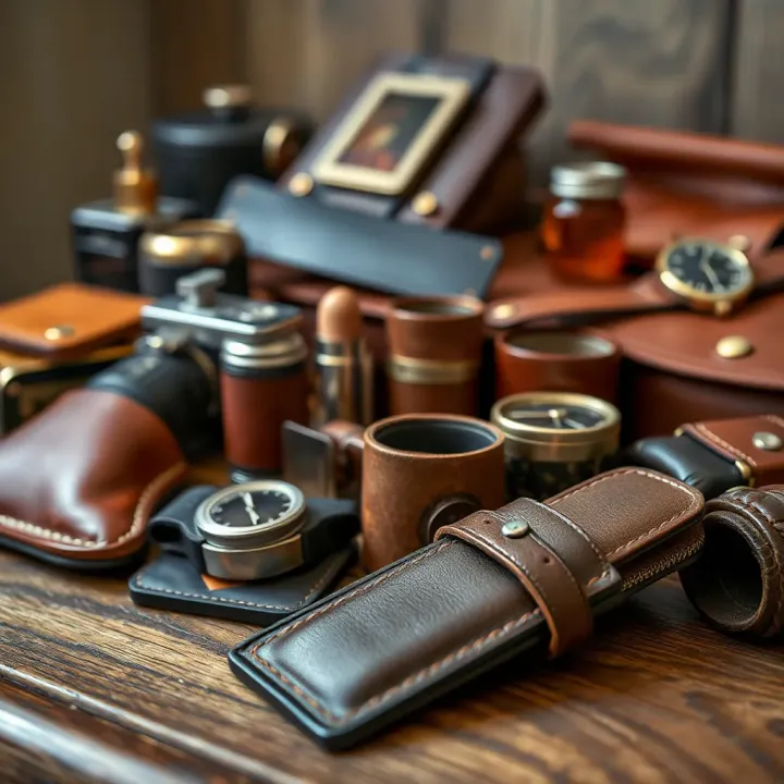 Various leather goods displayed on a wooden surface, illustrating practical uses