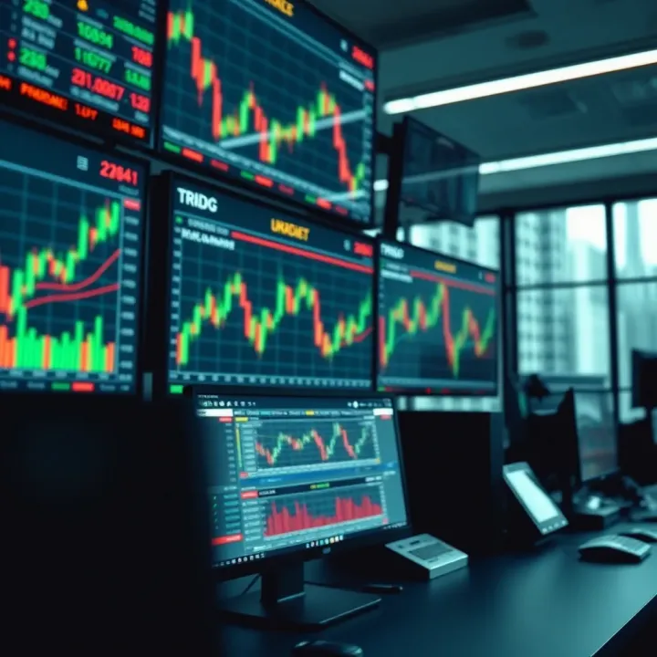 Global currency market trends displayed on multiple screens with charts and graphs