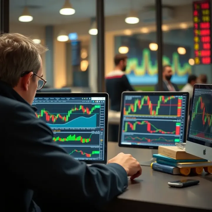 Strategic Trading Analysis in Forex Markets Trader analyzing financial data and forex charts on a laptop with a focused trading strategy