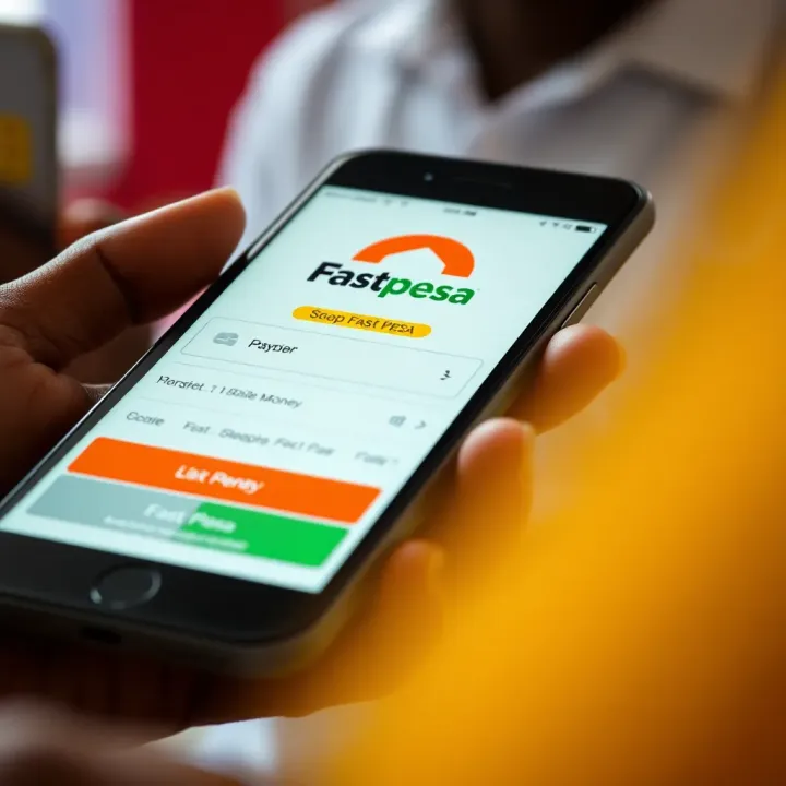 Close-up of a mobile phone displaying a mobile money transaction interface with Fast Pesa branding