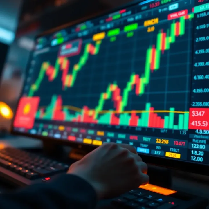 Illustration of trading platform displaying candlestick charts and market indicators