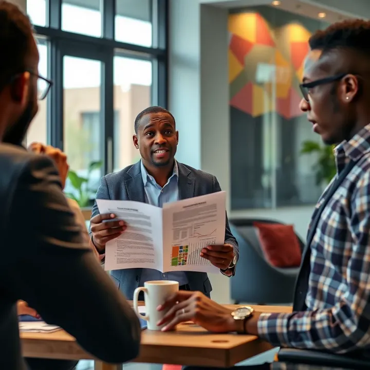 Entrepreneur Pitching Business Plan to Investors in Kenya Kenyan entrepreneur presenting business plan to potential investors in a modern office setting