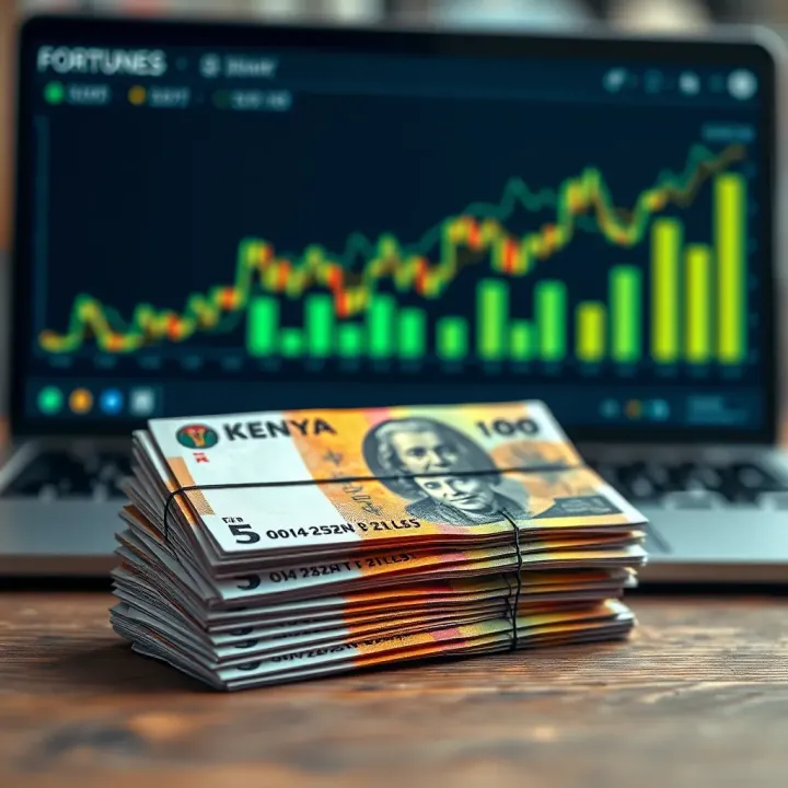Stack of Kenyan shilling notes with laptop and financial charts depicting business growth