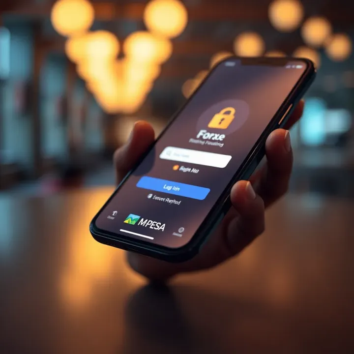 Secure Forex Trading with Mobile Payment Integration in Kenya Illustration showing a mobile device with secure login and M-Pesa payment method logo