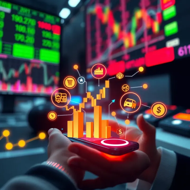 Conceptual illustration of financial markets with icons representing stocks, forex, and commodities connected to mobile technology
