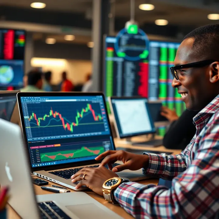 Illustration of a Kenyan trader analyzing currency charts on a laptop with financial data displayed