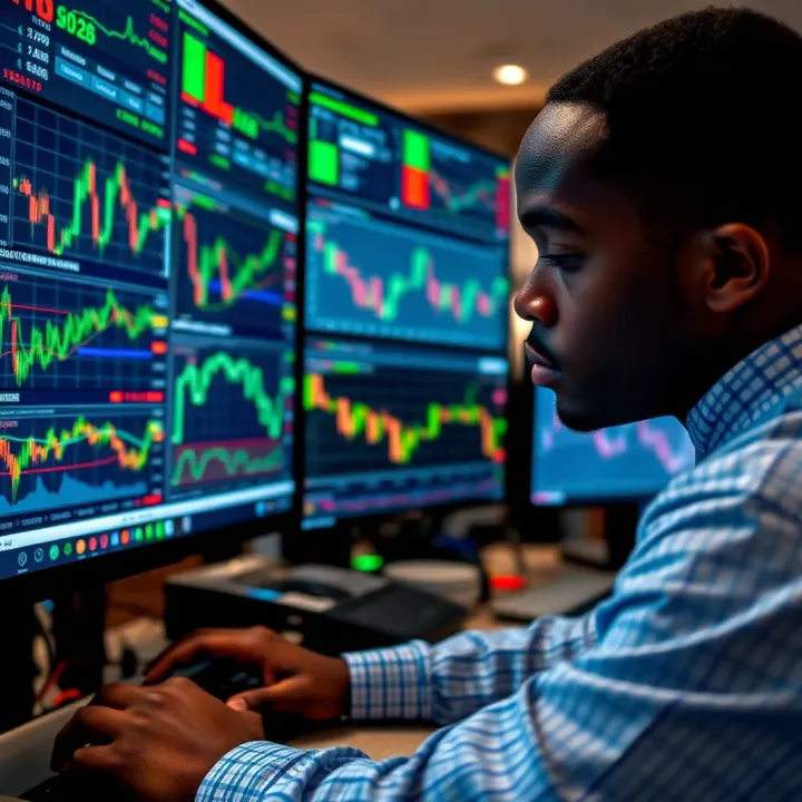 Kenyan trader analyzing currency charts alongside economic data on multiple screens