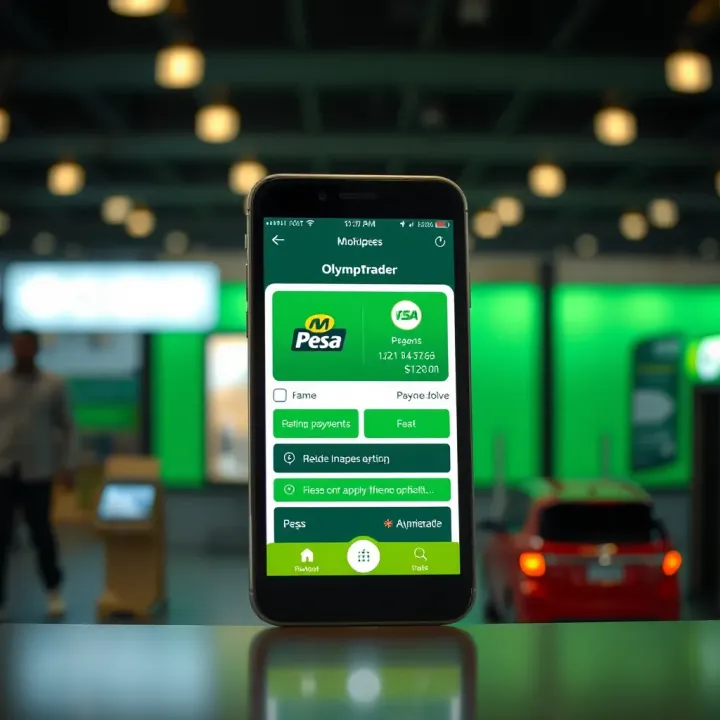 Illustration of a mobile phone displaying M-Pesa payment option integrated with Olymptrade platform