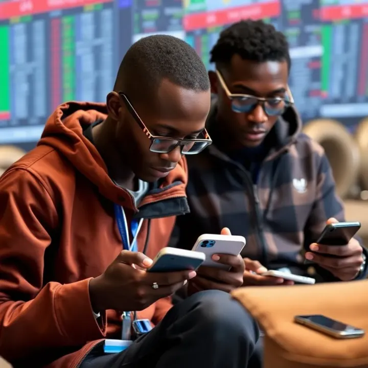 Kenyan Traders Engaging with Pocket Options on Mobile Devices Illustration of Kenyan traders analyzing market trends and using Pocket Options on mobile devices