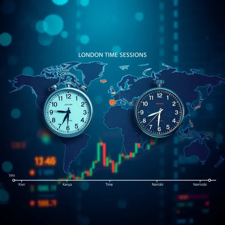 World map highlighting the time difference between London and Nairobi with clocks showing respective times